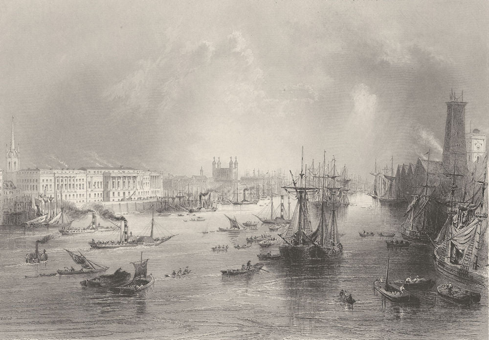 The Port of London. Pool of London. BARTLETT 1842 old antique print picture